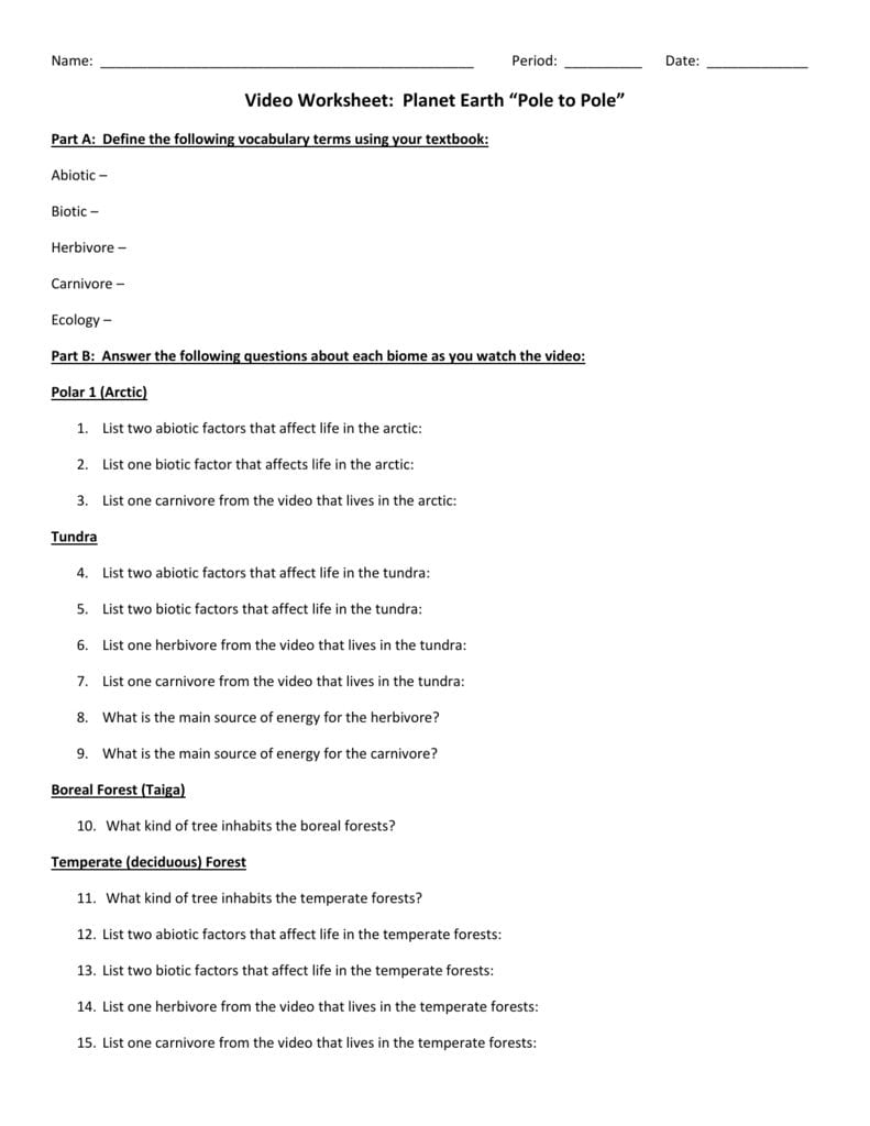 Name Period  Date  Video Worksheet Planet Earth With Regard To Planet Earth Pole To Pole Worksheet
