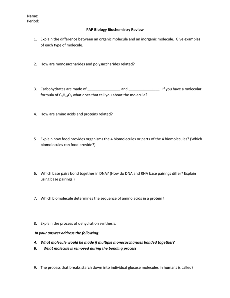 Name Period Pap Biology Biochemistry Review Explain The Within Biomolecule Review Worksheet
