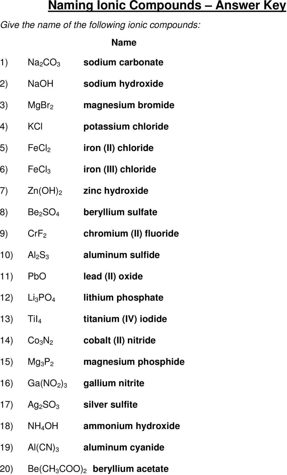 Naming Ionic Compounds Answer Key  Pdf As Well As Naming Ions And Chemical Compounds Worksheet 1
