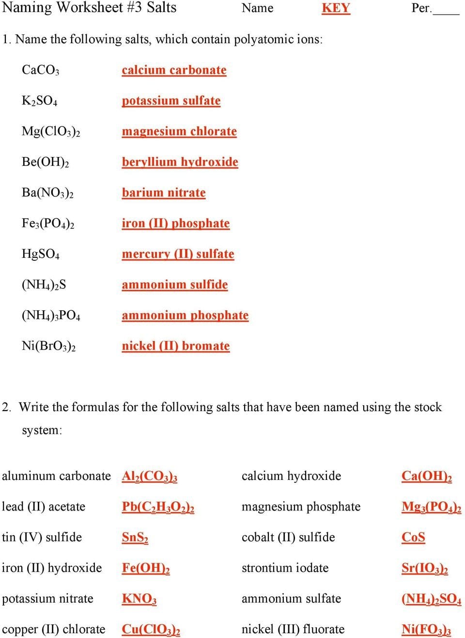 Naming Worksheet 1 Salts Name Key Per  Pdf Throughout Polyatomic Ionic Compounds Worksheet