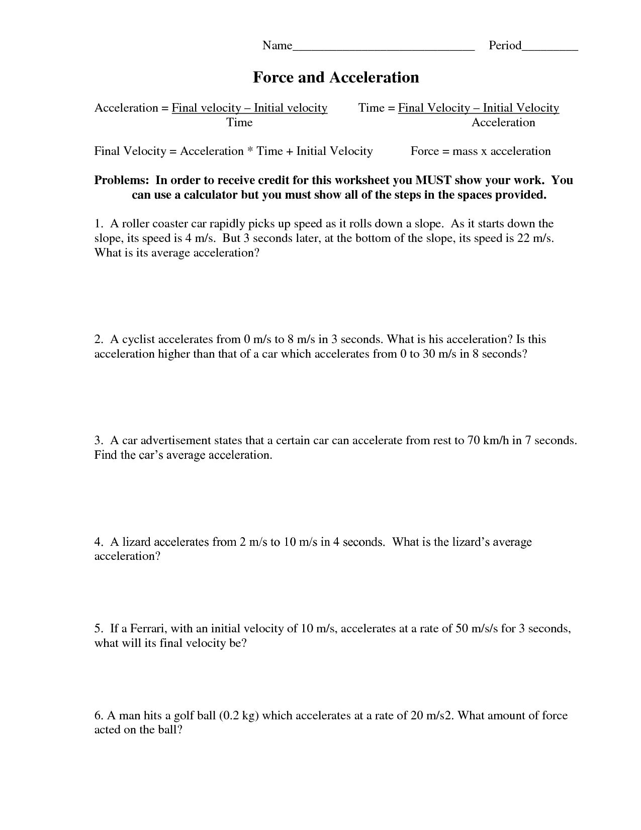 Net Force And Acceleration Worksheet Answers  Briefencounters Along With Force And Acceleration Worksheet Answers