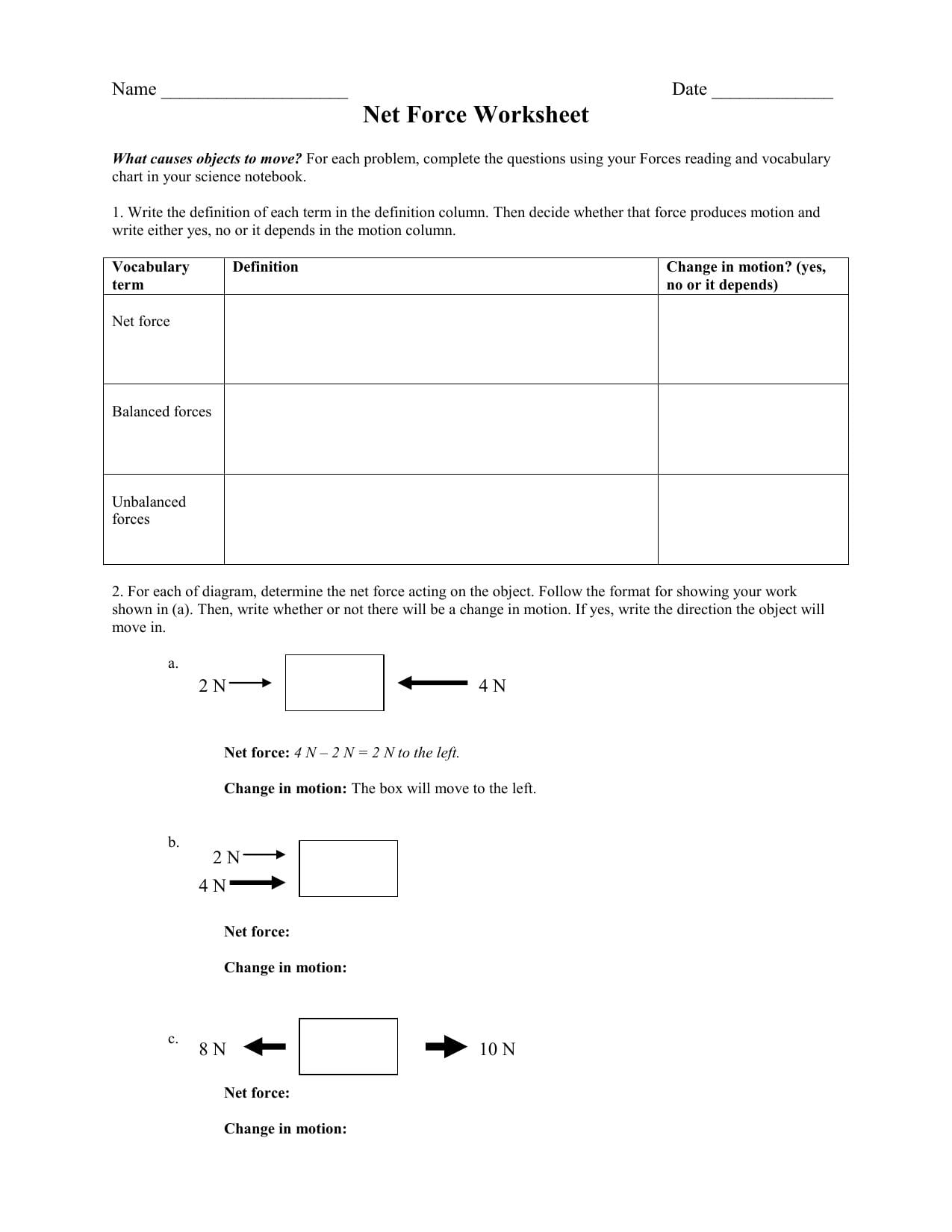 Net Force Worksheet  Crjh 8Th Grade Science Along With Net Force Worksheet Answer Key