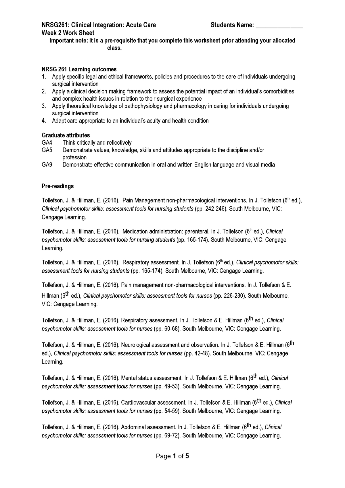 Nrsg261 Week 2 Worksheet  Nrsg261  Clinical Integration Acute Along With Nursing Dosage Calculations Worksheets