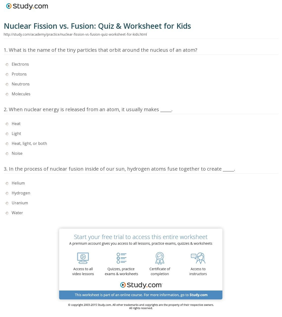 Nuclear Fission Vs Fusion Quiz  Worksheet For Kids  Study Together With Fission Versus Fusion Worksheet Answers