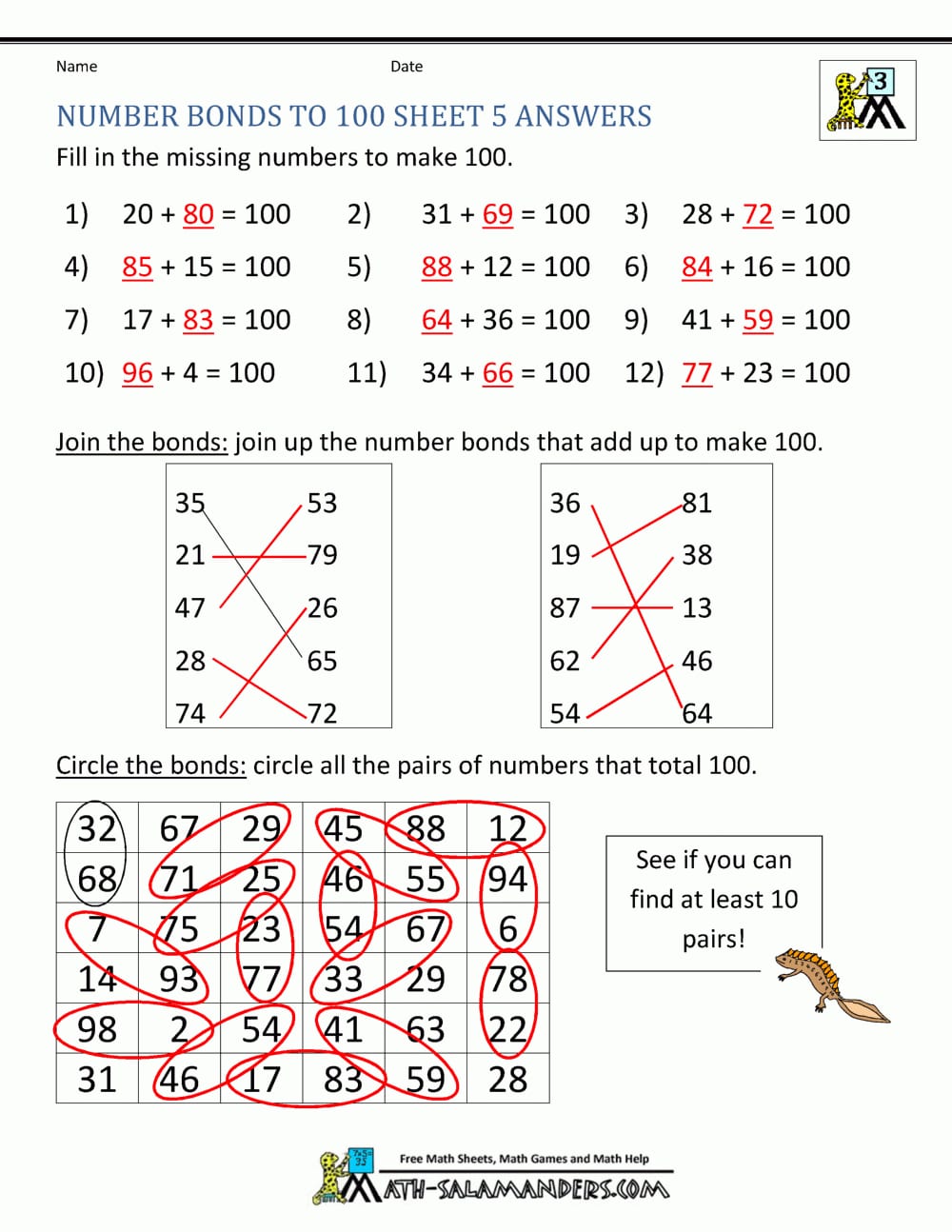 Number Bonds Worksheets To 100 Throughout Number Bonds Worksheets