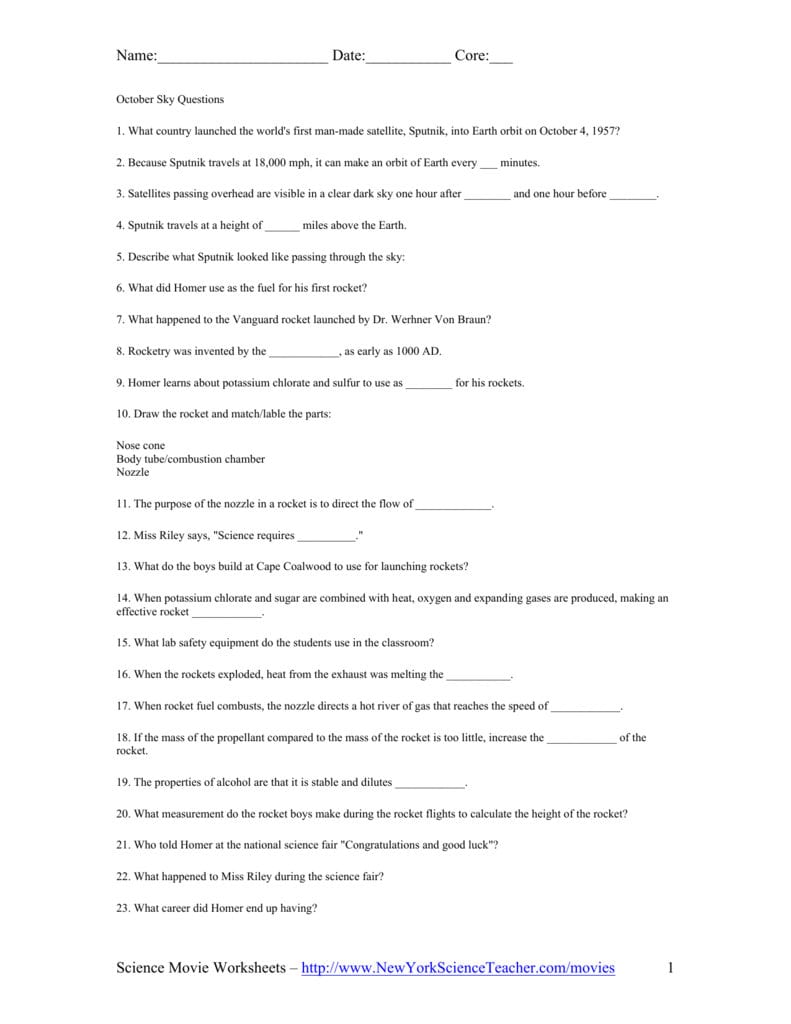 October Sky Questions And Movie Worksheet October Sky Answers