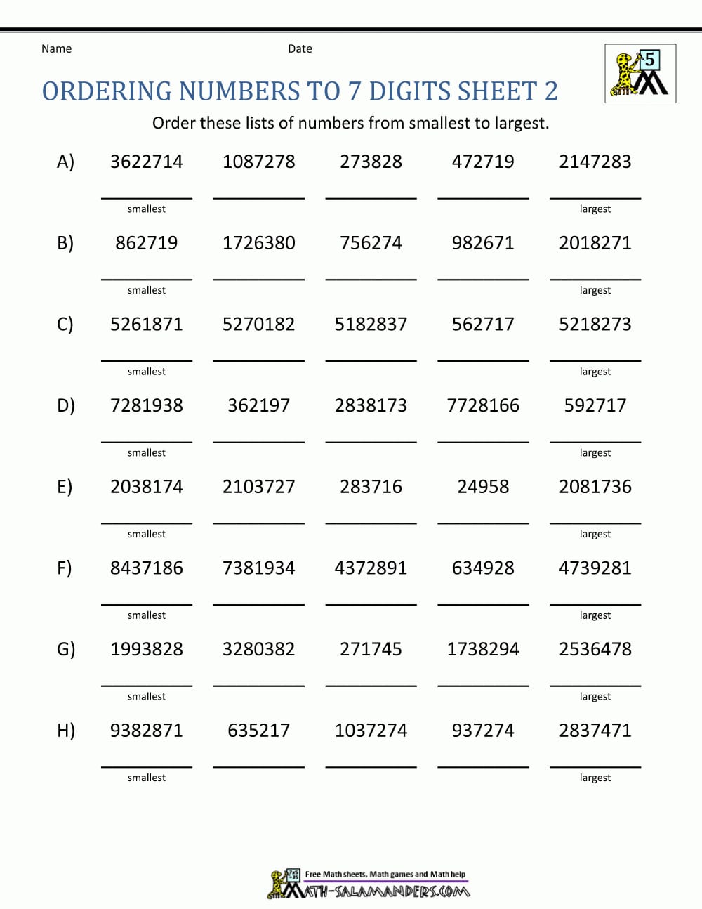 Ordering Large Numbers 5Th Grade For Comparing Numbers Worksheets 4Th Grade
