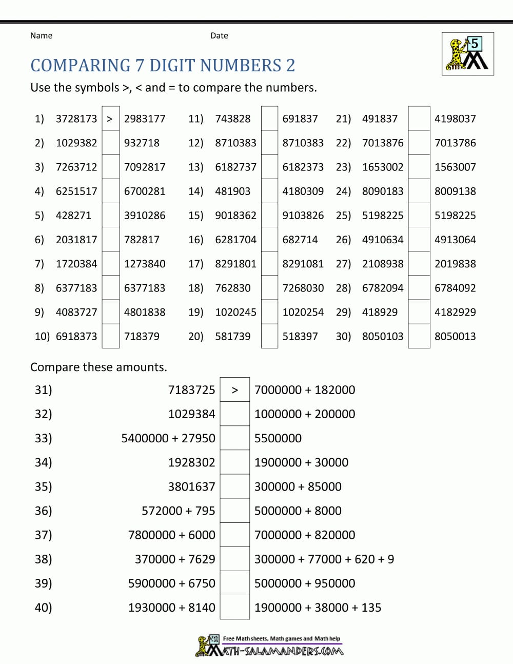 Ordering Large Numbers 5Th Grade Regarding Comparing Numbers Worksheets 4Th Grade