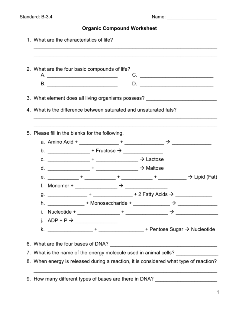 Organic Compounds Worksheet For Organic Compounds Worksheet Answers