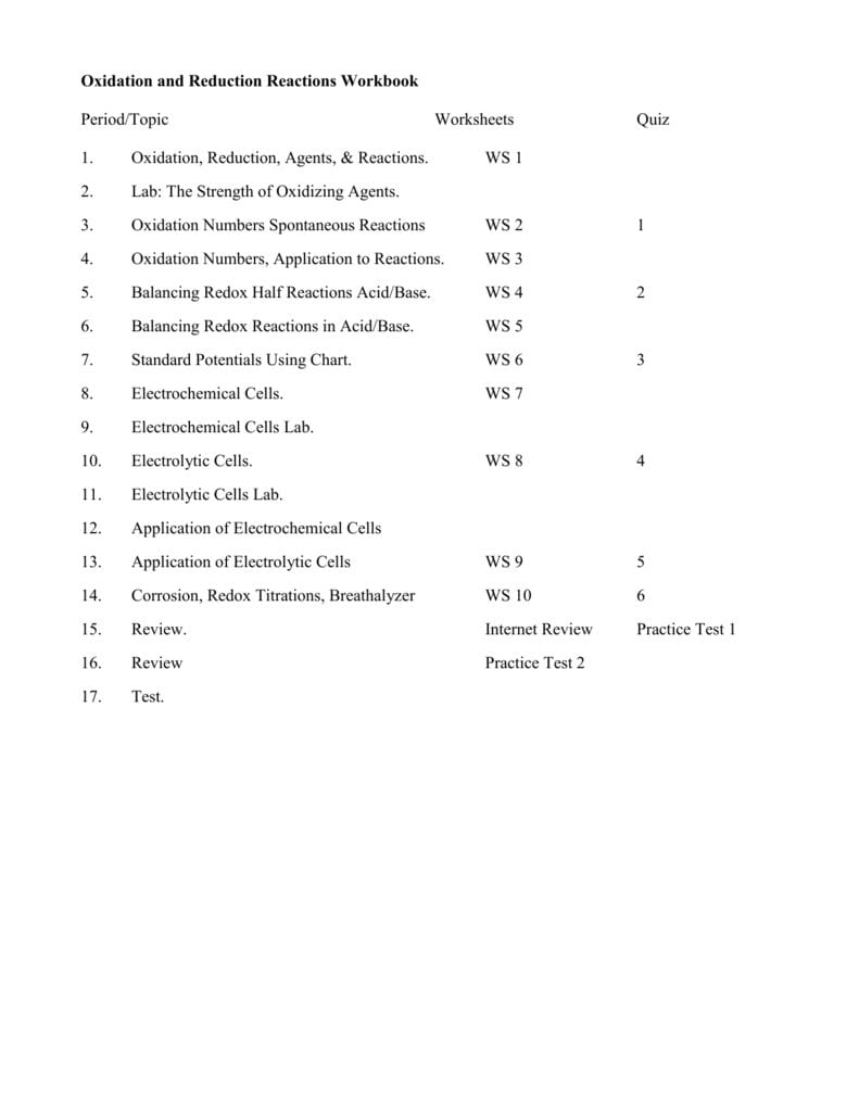 Oxidation And Reduction Reactions Workbook Pertaining To Oxidation Reduction Reactions Worksheet