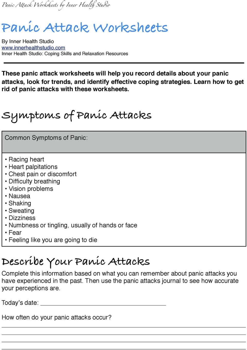 Panic Attack Worksheets  Pdf Inside Panic Attack Worksheets Pdf