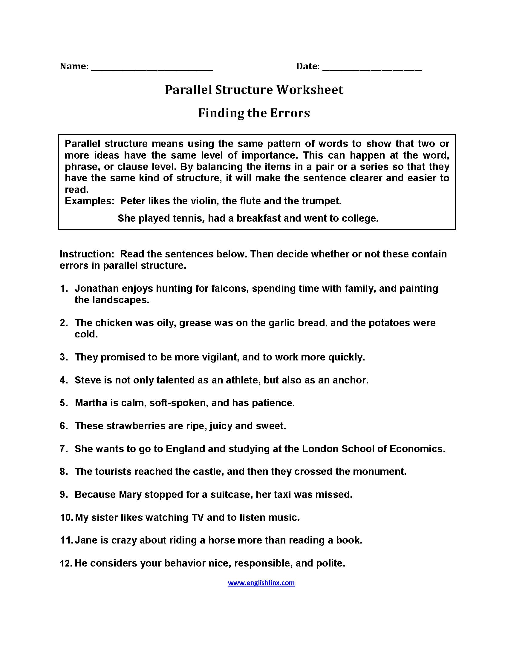 Parallel Structure Worksheets  Finding Errors Parallel Structure Pertaining To Parallel Structure Worksheet