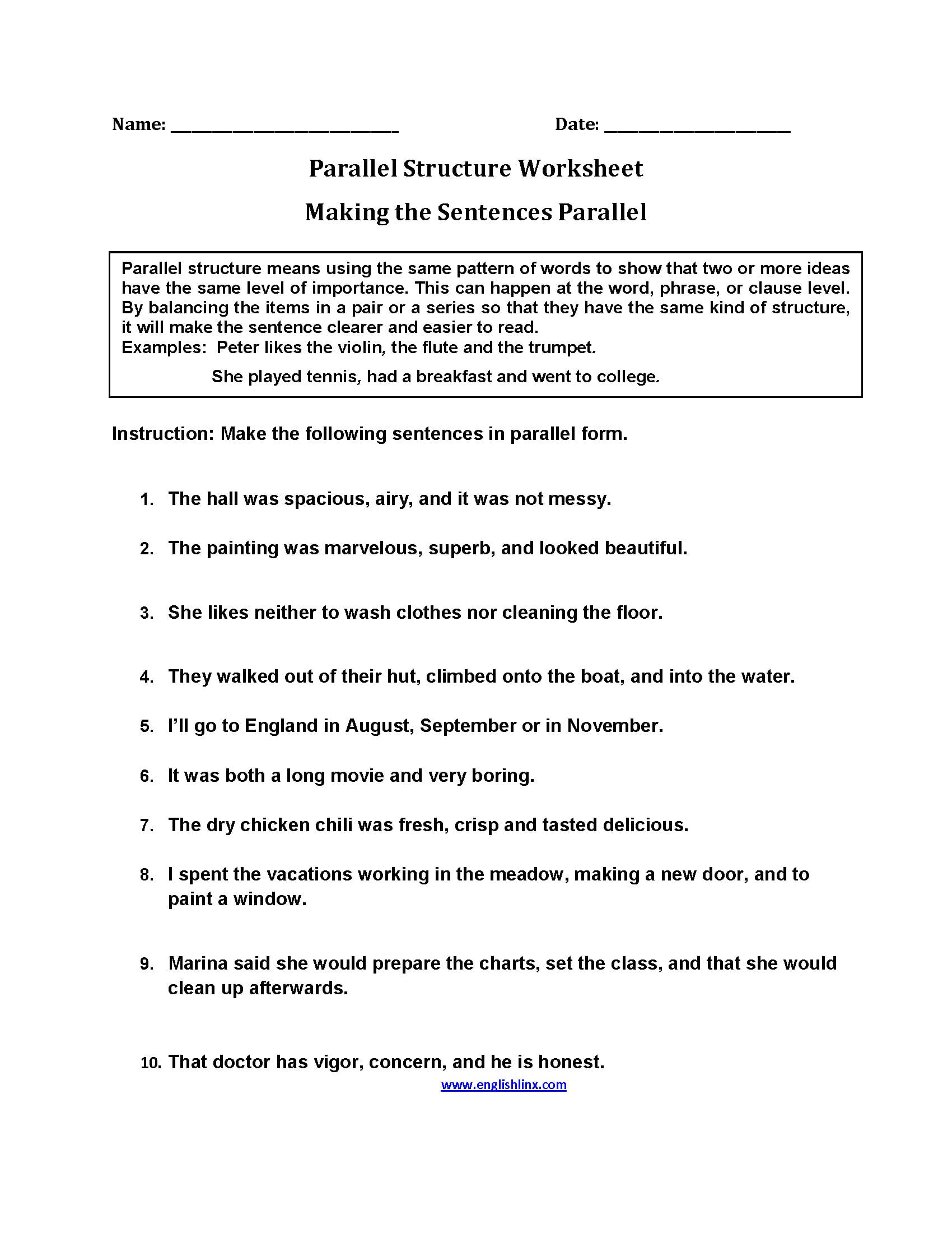 Parallel Structure Worksheets  Making Sentences Parallel Structure Along With Parallel Structure Worksheet