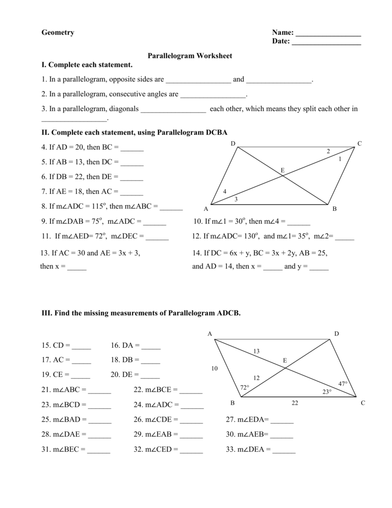 Parallelogram Worksheet Pertaining To Geometry Parallelogram Worksheet Answers