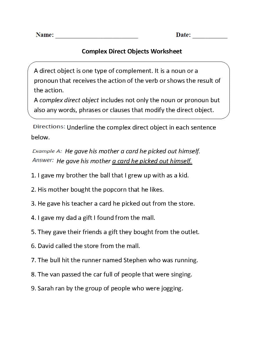 Parts Of A Sentence Worksheets  Direct And Indirect Objects Worksheets In Indirect Object Pronouns Spanish Worksheet