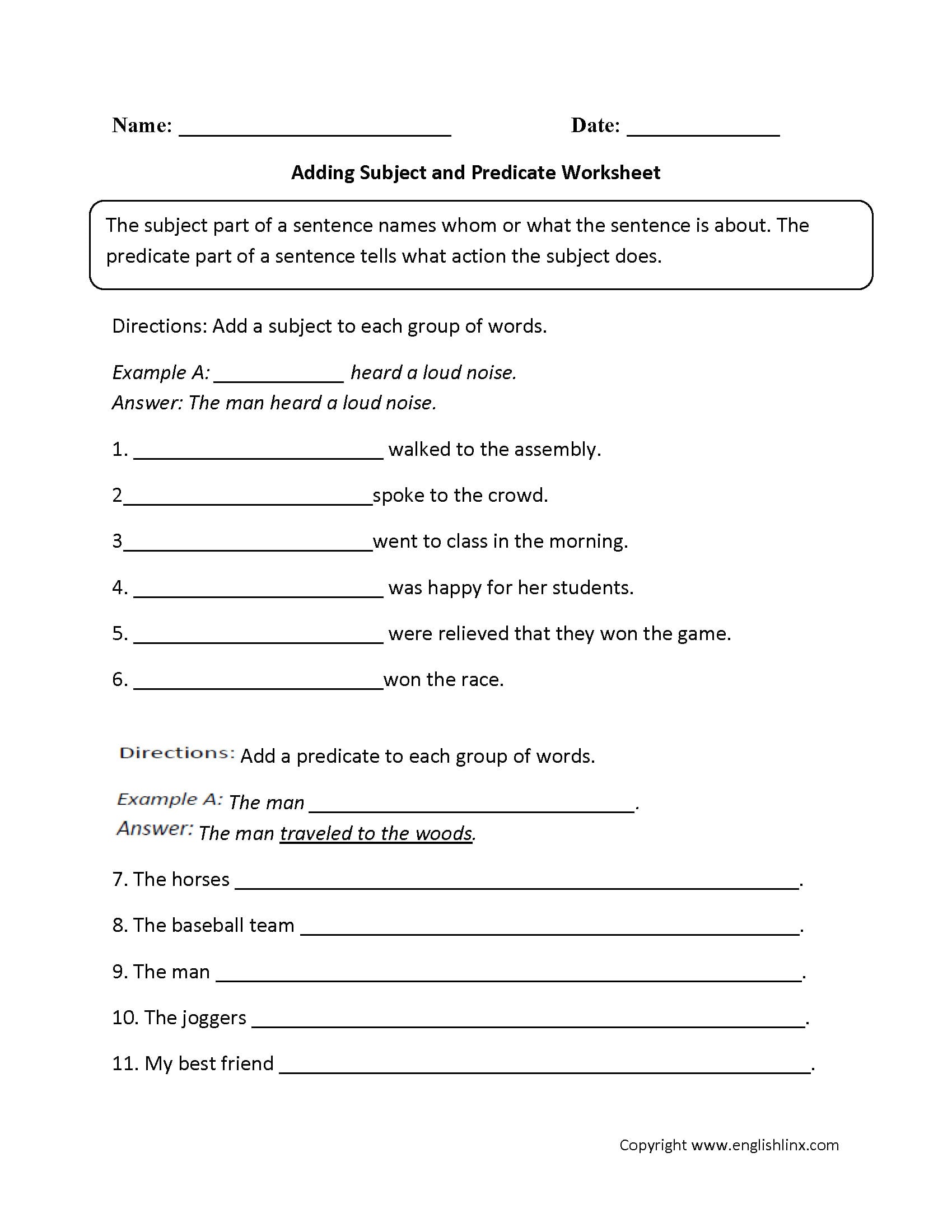 Parts Of A Sentence Worksheets  Subject And Predicate Worksheets Or English Grammar Worksheets For Grade 4 Pdf