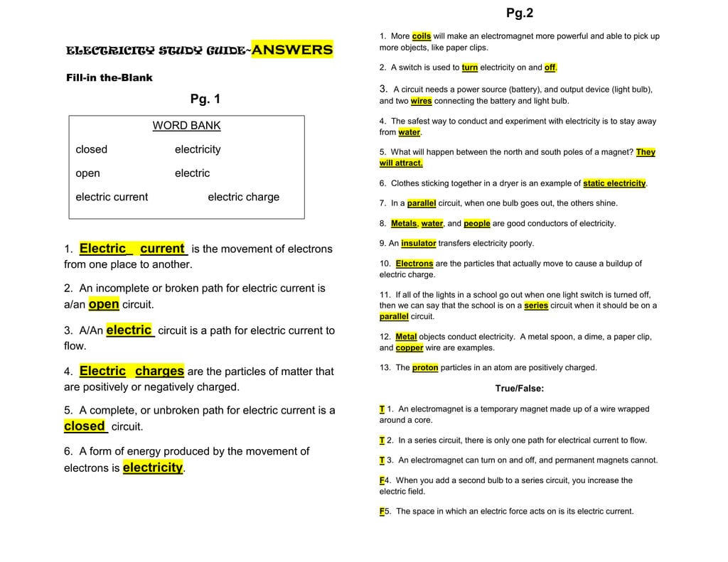 Pdf Electricity Study Guideanswer Key Or A Quick Switch Worksheet Answers