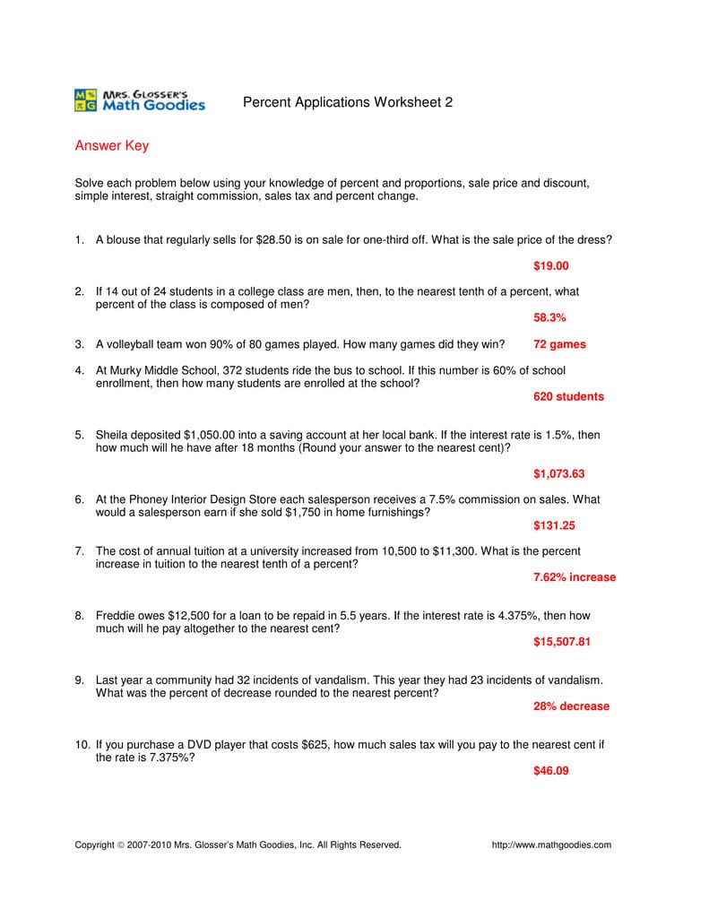 Percent Applications Worksheet 2 Answer Key For Sales Tax And Discount Worksheet