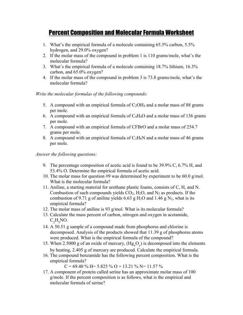 Percent Composition And Molecular Formula Worksheet Key Along With Percent Composition Chemistry Worksheet