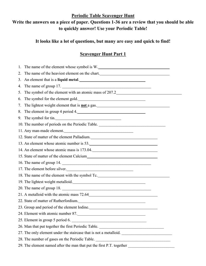 Periodic Table Scavenger Hunt As Well As Element Scavenger Hunt Worksheet Answer Key