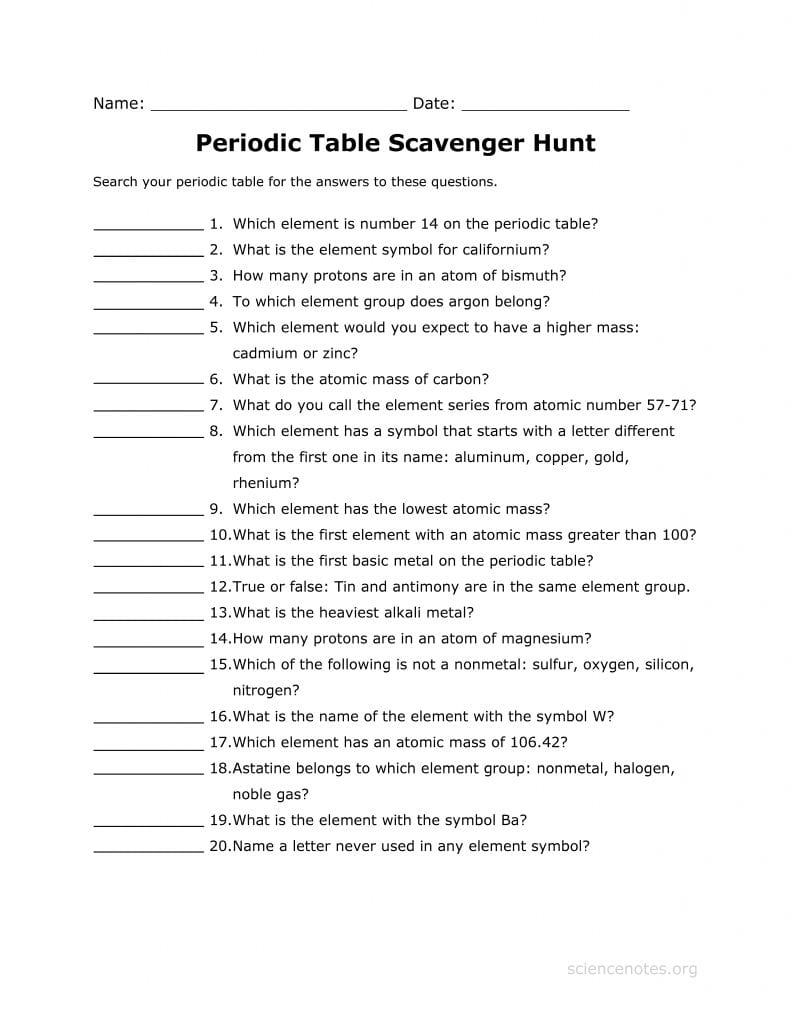 Periodic Table Scavenger Hunt Worksheet Pertaining To Element Scavenger Hunt Worksheet Answer Key