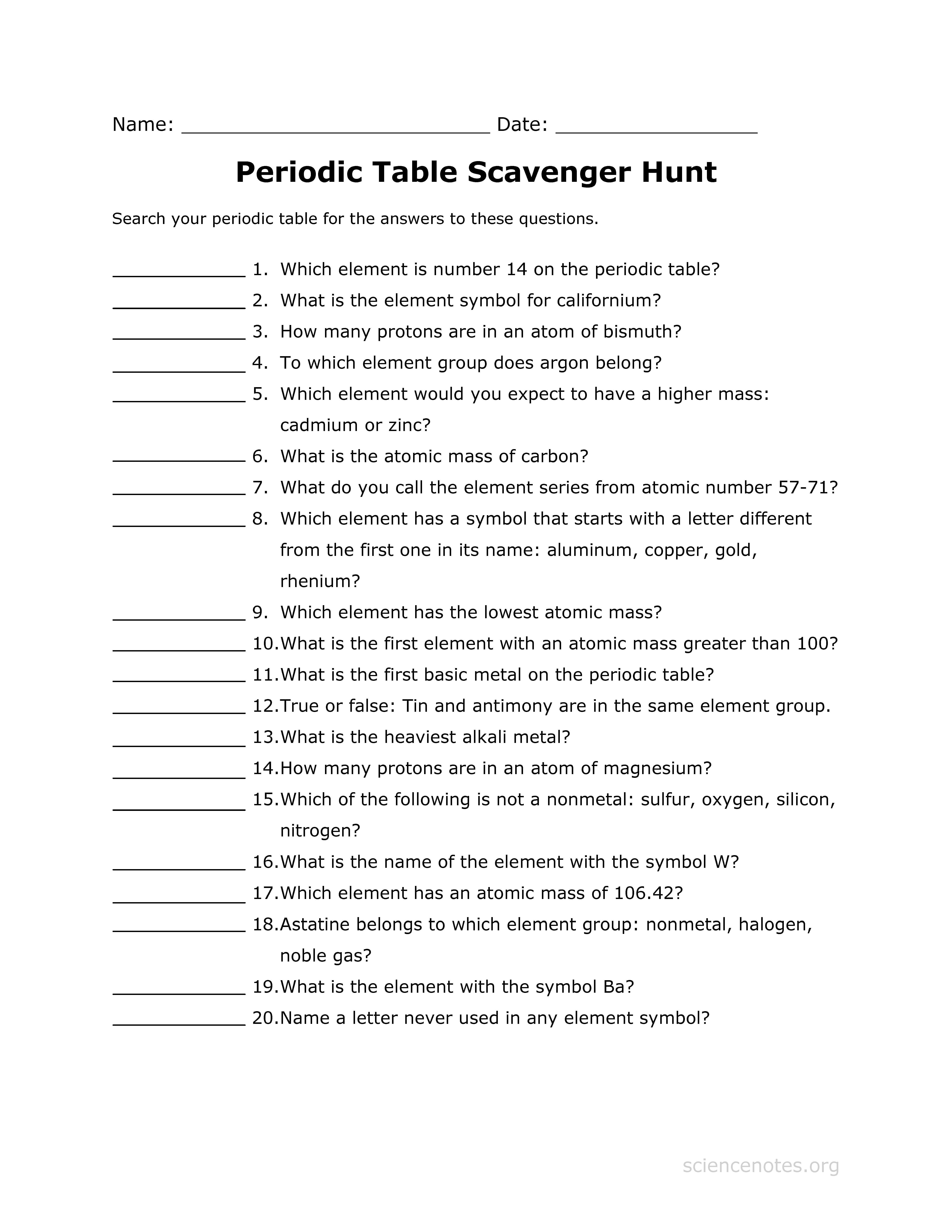 Periodic Table Scavenger Hunt Worksheet Within Element Scavenger Hunt Worksheet Answer Key