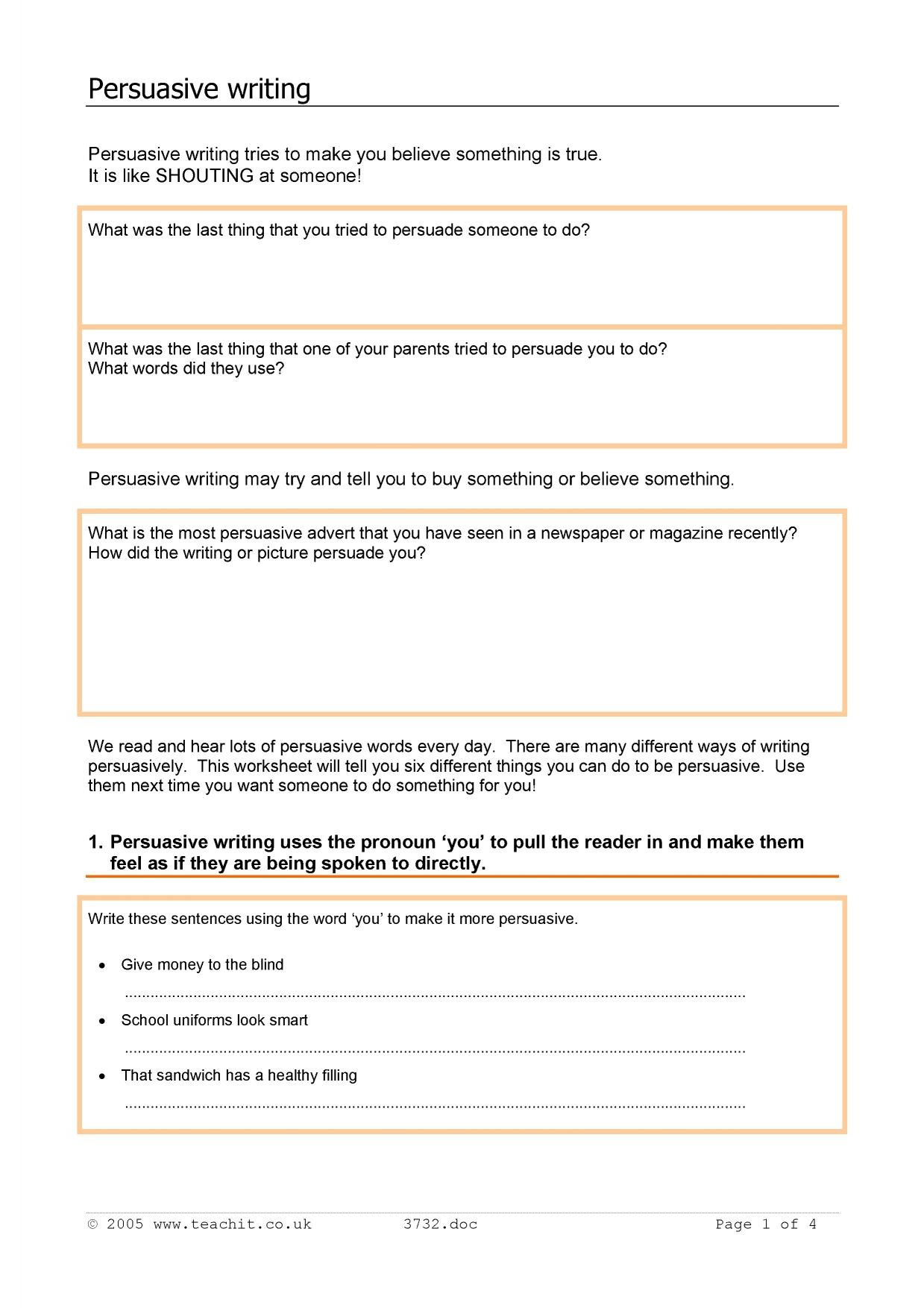 Persuasive Writing Worksheet Pertaining To Persuasive Writing Worksheets