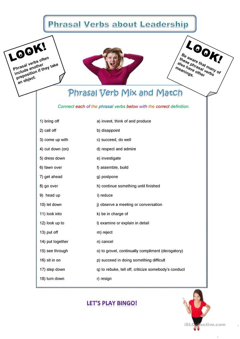 Phrasal Verbs And Leadership Worksheet  Free Esl Printable Pertaining To Free Leadership Worksheets