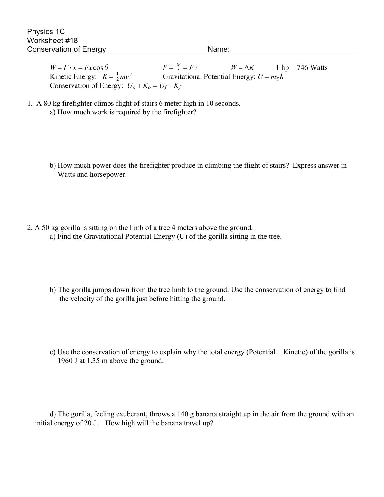 Physics 1C Worksheet 18 Conservation Of Energy And Conservation Of Energy Worksheet Answers