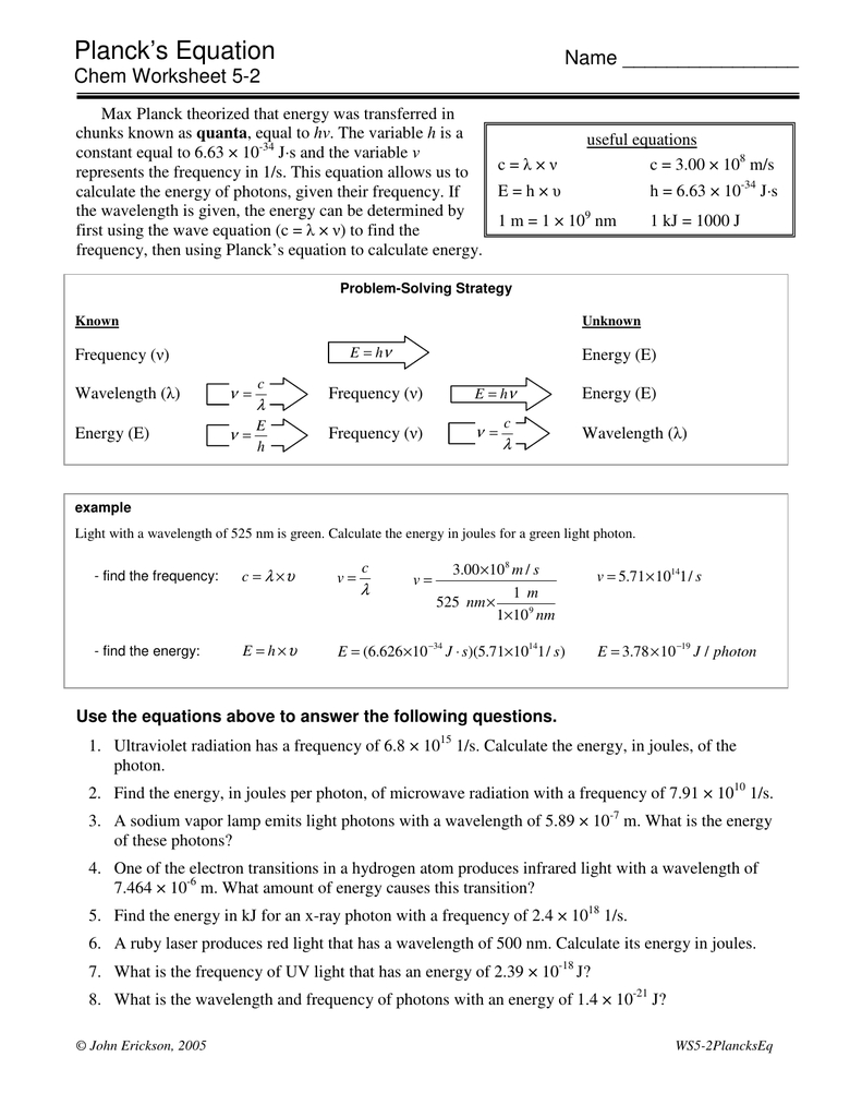 Plancks Equation Regarding Light Waves Chem Worksheet 5 1 Answer Key