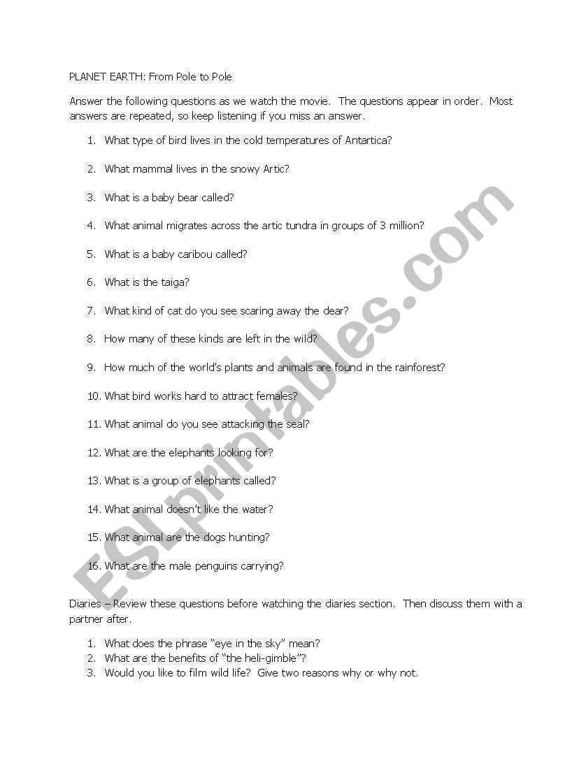 Planet Earth  From Pole To Pole  Esl Worksheetmatt Russell In Planet Earth Pole To Pole Worksheet