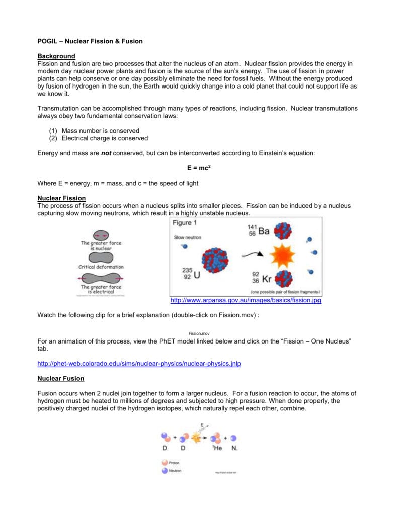 Pogil – Nuclear Fission  Fusion Or Fission Fusion Worksheet Answers