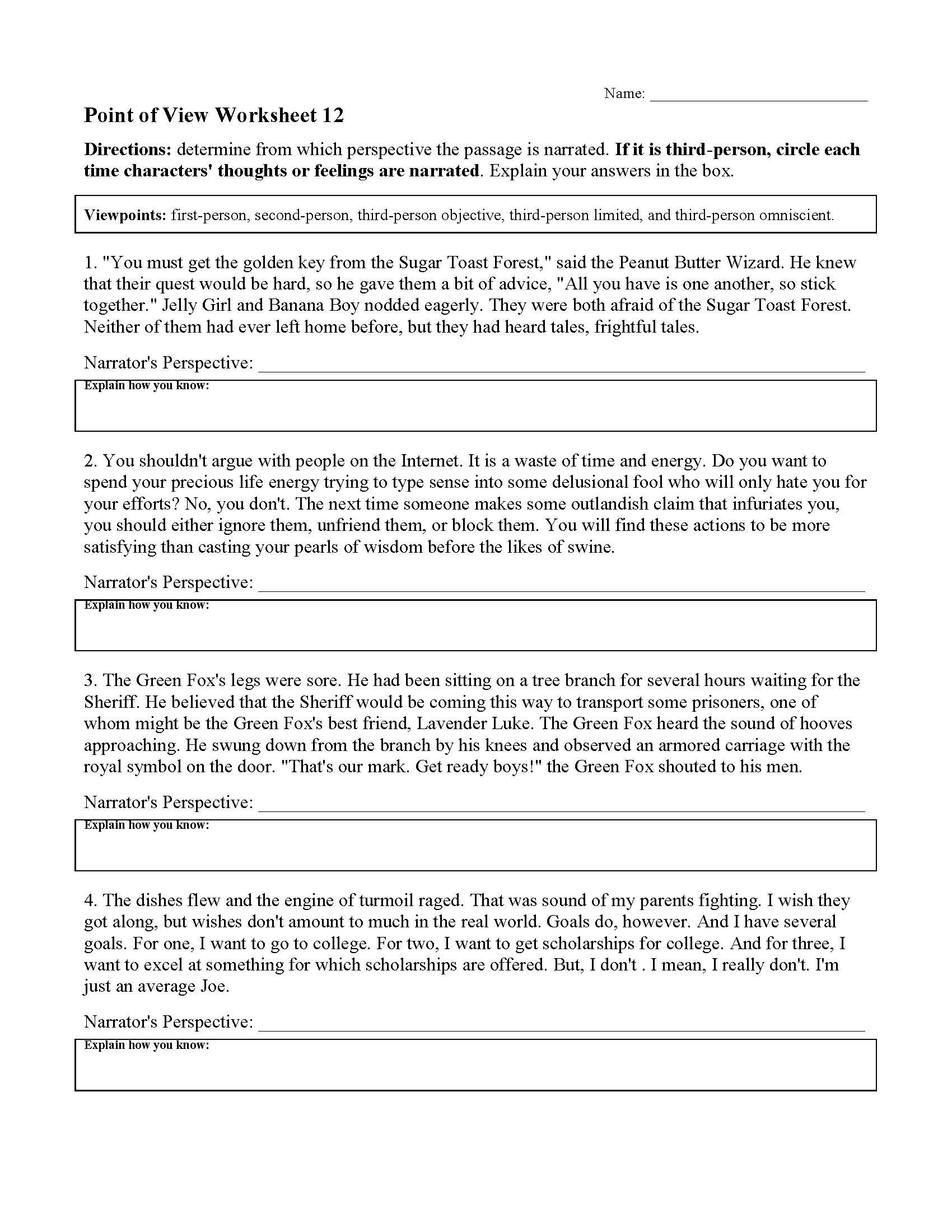 Point Of View Worksheet 12  Preview With Point Of View Worksheet 12