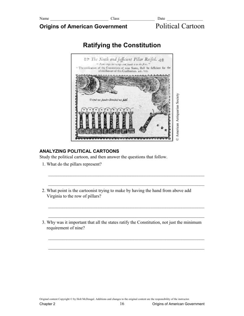 Political Cartoon Ratifying The Constitution Pertaining To Chapter 2 Origins Of American Government Worksheet Answers