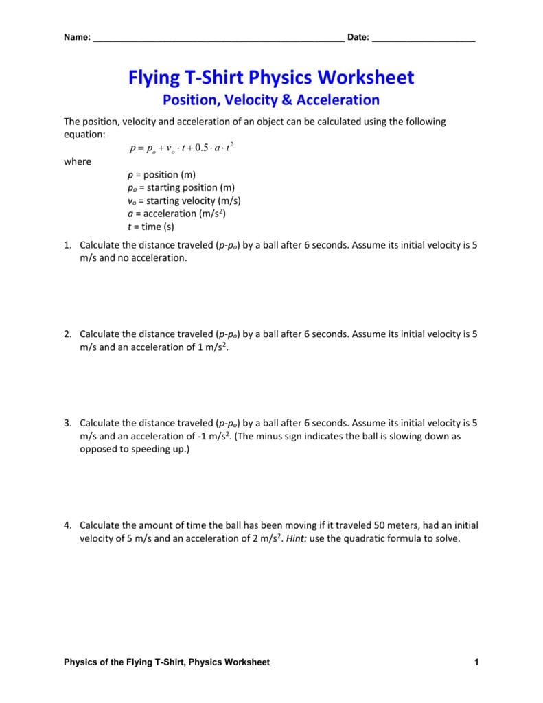 Position Velocity  Acceleration Physics Worksheet With Speed Velocity And Acceleration Worksheet
