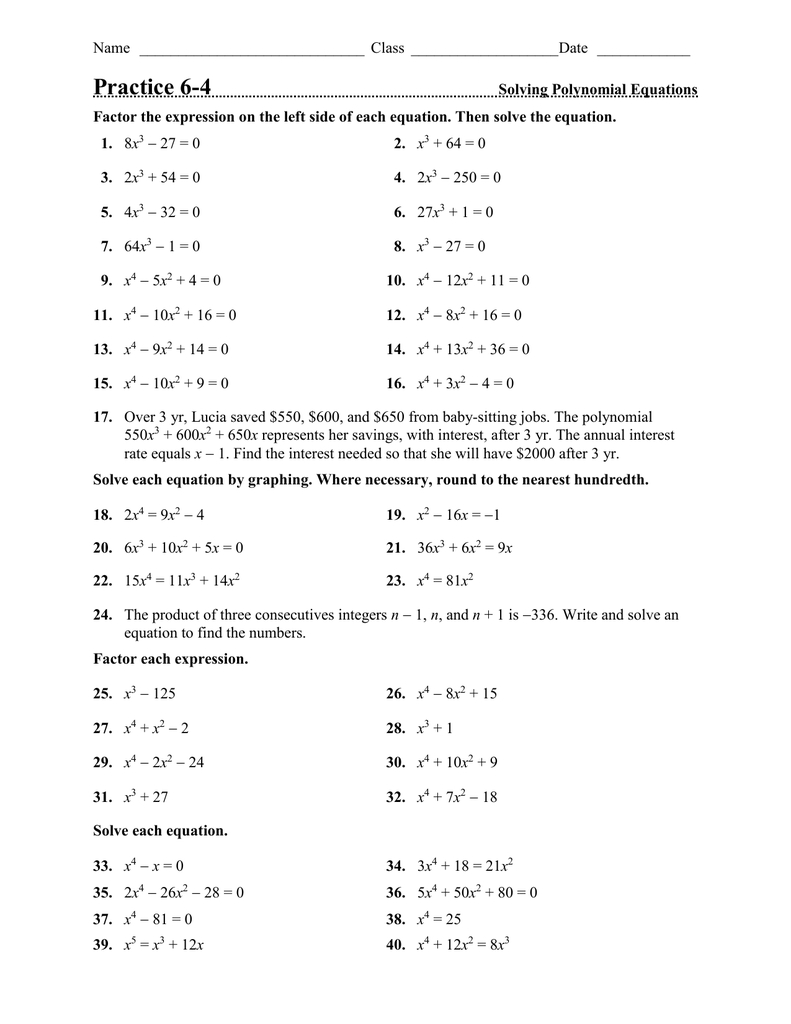 Practice 64 For Solving Polynomial Equations Worksheet Answers
