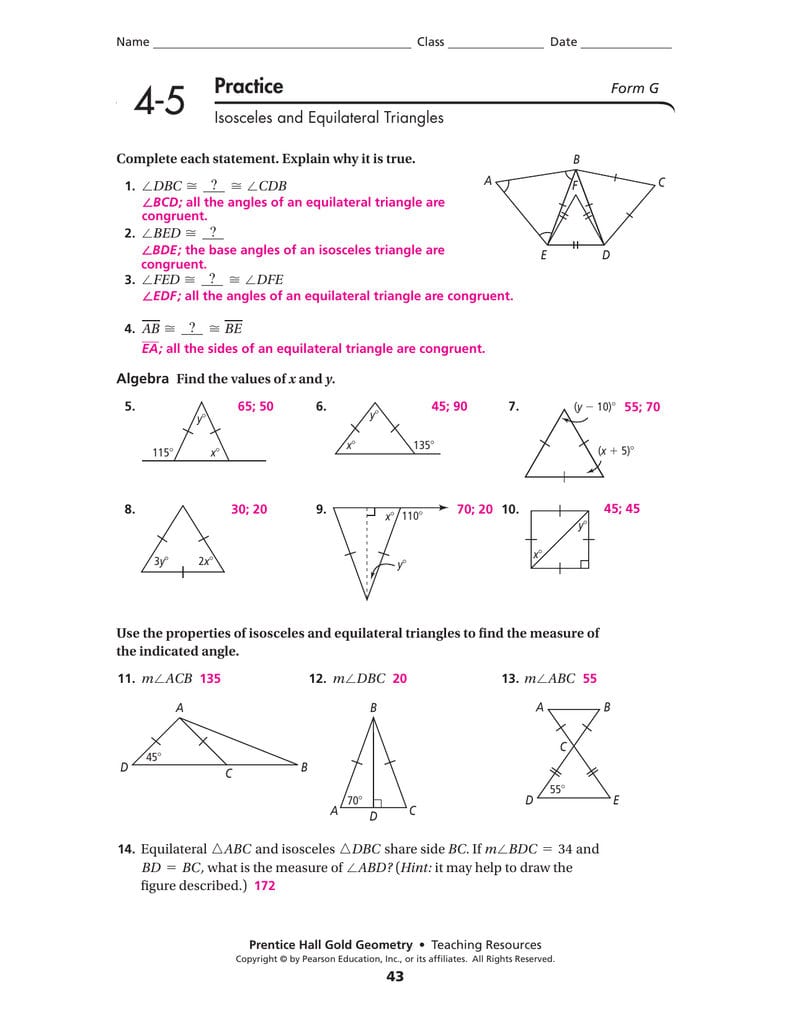 Practice For 4 5 Isosceles And Equilateral Triangles Worksheet Answers