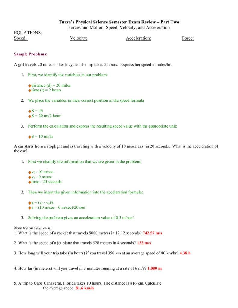 Practice Problems Speed Velocity And Acceleration Along With Speed Velocity And Acceleration Worksheet Answer Key