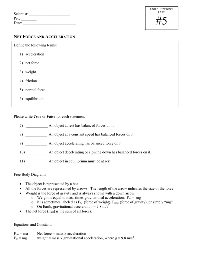 Practice Worksheet Net Forces And Acceleration Also Force And Acceleration Worksheet Answers
