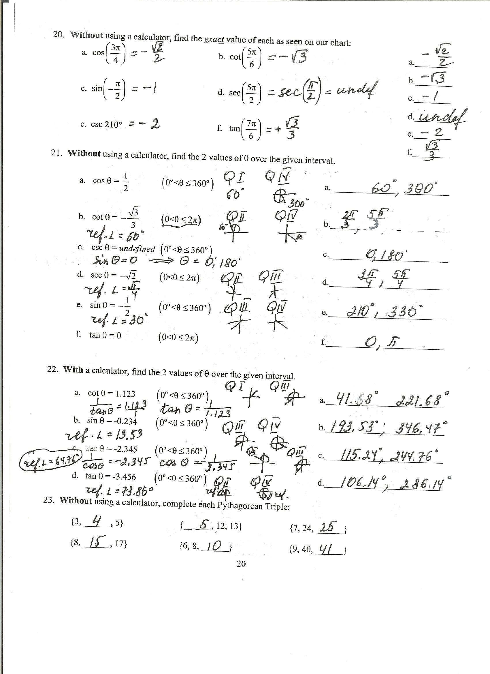 Precalculus Honors For Precalculus Trig Day 2 Exact Values Worksheet Answers