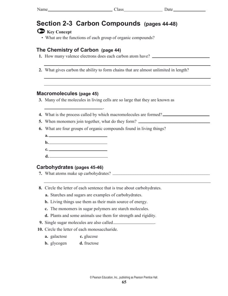 Prentice Hall Biology Worksheets For Biology 2 3 Carbon Compounds Worksheet Answers