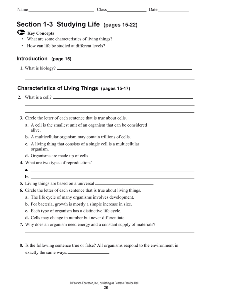 Prentice Hall Biology Worksheets Intended For Characteristics Of Living Things Worksheet