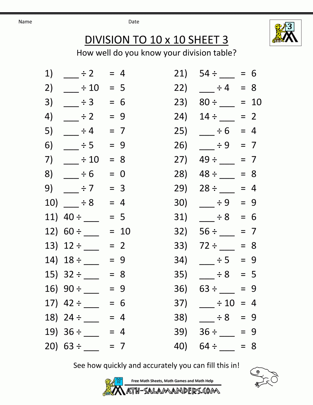 Printable Division Worksheets 3Rd Grade In Math Worksheets For Third Grade Students