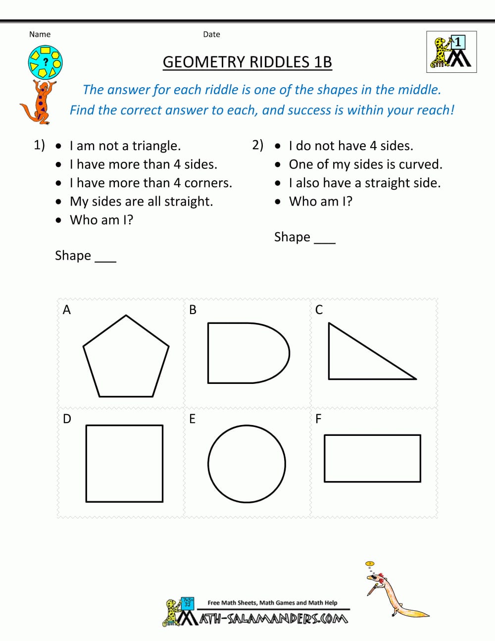 Printable Geometry Worksheets  Riddles Pertaining To Basic Geometry Worksheets
