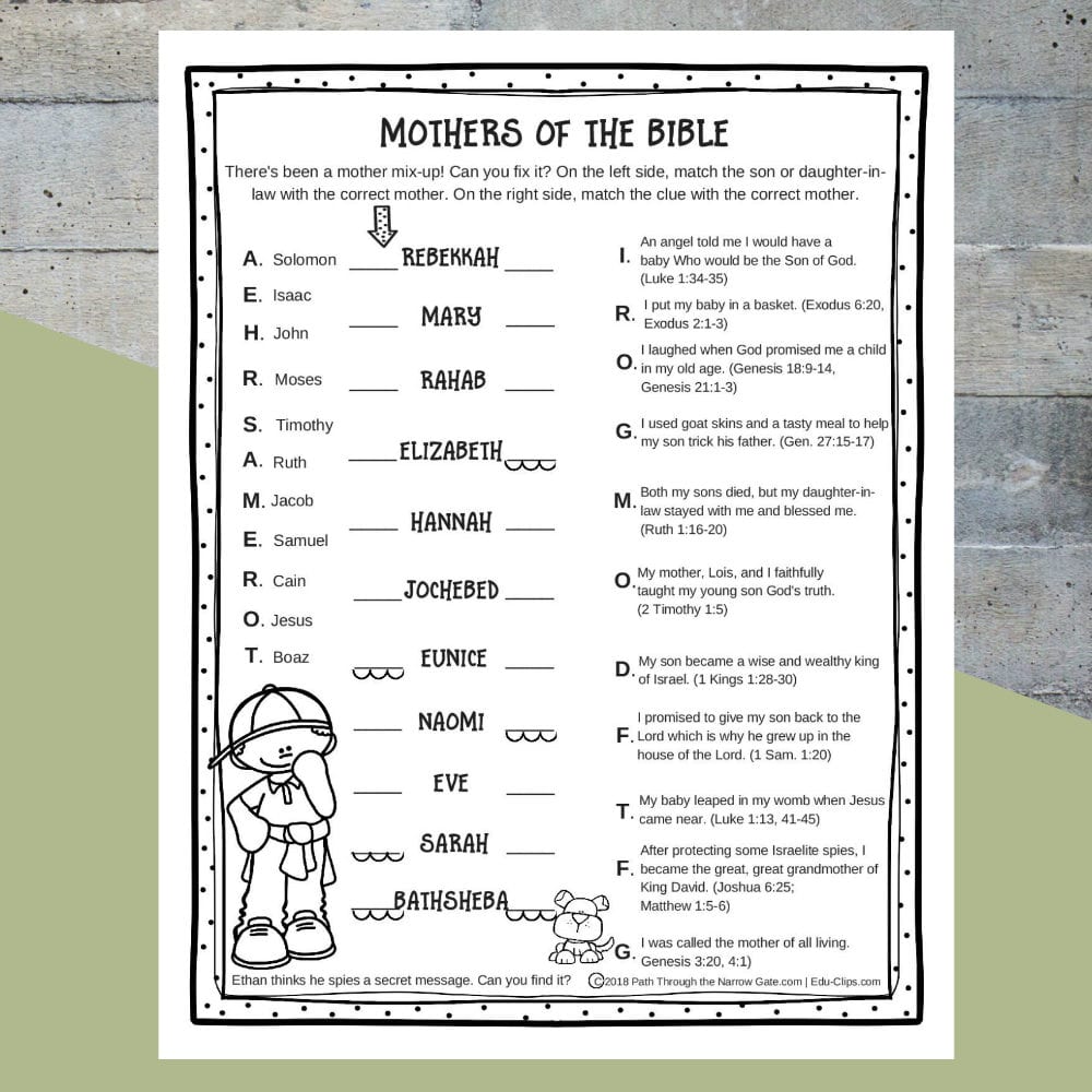 Printable Mothers Of The Bible Worksheet  Path Through The Narrow Gate Along With Free Printable Bible Worksheets For Youth