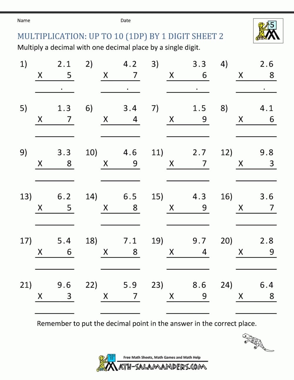 Printable Multiplication Sheets 5Th Grade Inside Decimal Multiplication And Division Worksheet