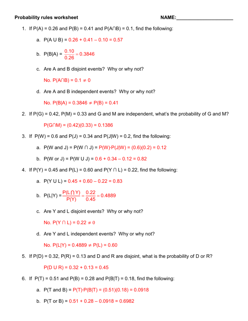 Probability Rules Worksheet 1 Answers And Probability Review Worksheet