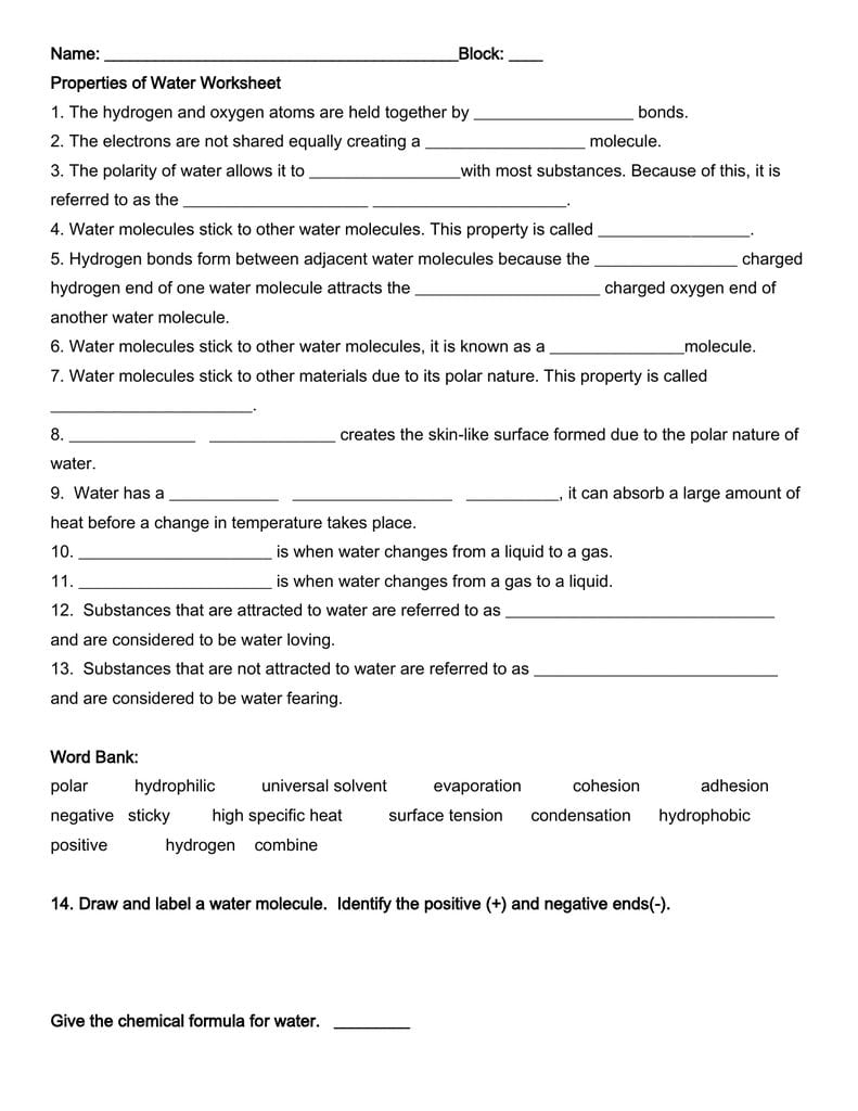 Properties Of Water Worksheet Along With Properties Of Water Worksheet Answers