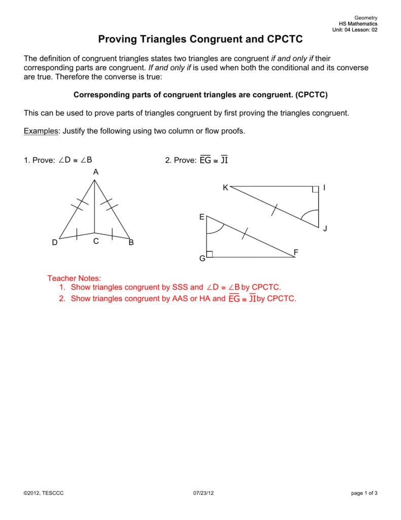 Proving Triangles Congruent And Cpctc Along With Geometry Cpctc Worksheet Answers Key