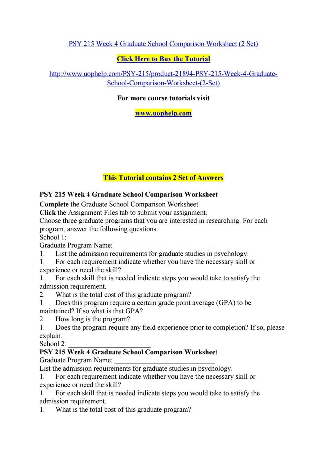 Psy 215 Week 4 Graduate School Comparison Worksheet 2 Set Throughout Graduate School Comparison Worksheet